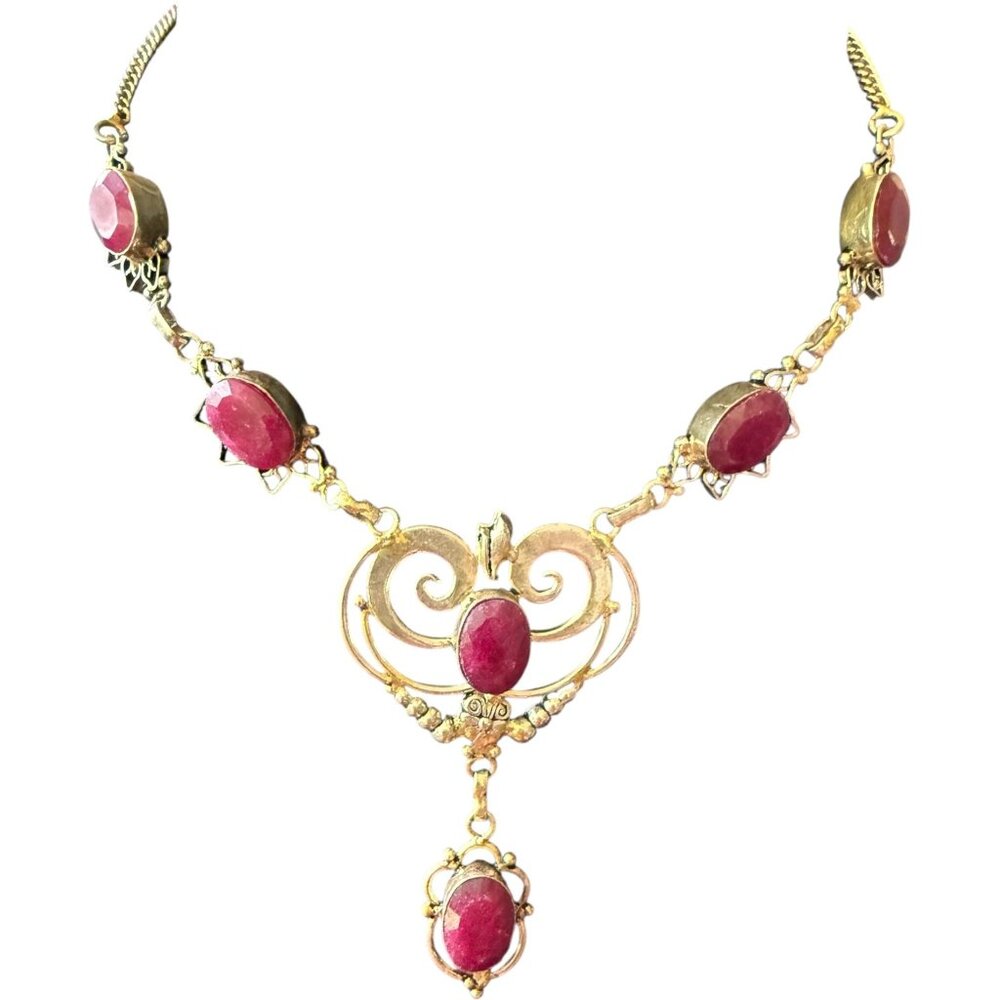 Art Noveau Style Silverish Goldish Metal & Red Stone Necklace READ